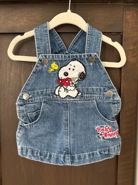 Vtg Baby Snoopy Woodstock Embroidered Overall Dress Size 0/3 Months